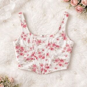 Kutumai Floral Corset Top White Pink Rose Print Square Neck Zip Front
